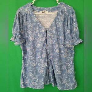 Blue Floral Button-Up Blouse Stretchy Women Size XL V-neck Top Emily Daniels !